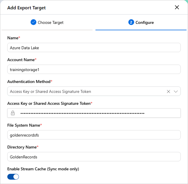 The Configure tab with Name, Account Name, Authentication Method, access key, File System Name and Directory Name filled in, and Enable Stream Cache turned on