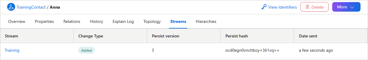 The golden record Streams tab listing the Training stream with change type Added, persist version, persist hash and date sent