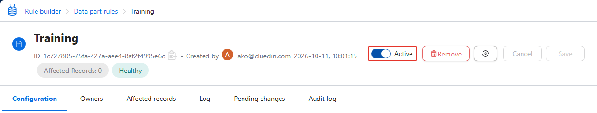 Rule details page header with the status toggle turned on and showing Active, highlighted
