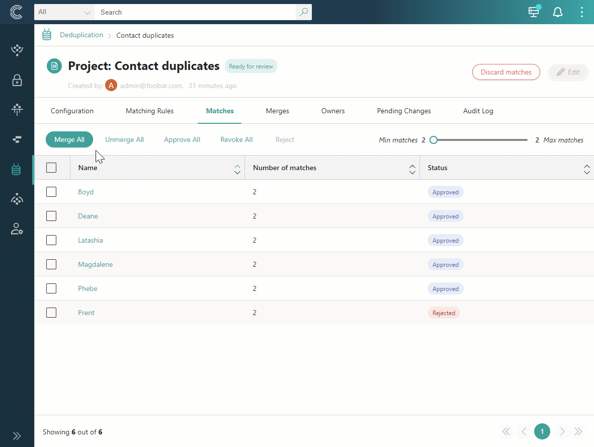 Animation: approved groups on the Matches tab are merged with Merge All, reviewed, and confirmed, and their status changes
